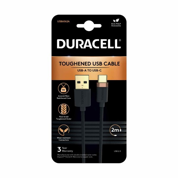 iPhone oplaadkabel | USB A ↔ USB C | Duracell | 2 meter (USB 2.0, 15W, 480 Mbps, Kevlar